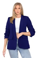 Womens Ruched Sleeve Fully Lined Blazer Plain Collared Office Formal Jacket Top