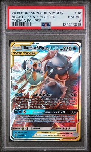2019 POKEMON SUN & MOON COSMIC ECLIPSE #38 BLASTOISE & PIPLUP GX PSA 8