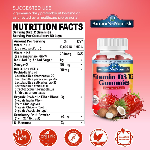 D3 K2 Vitamin 10000 IU, Sugar Free Vitamin D3 K2 Gummies W. Pro & Pre, Chewable - Picture 3 of 12