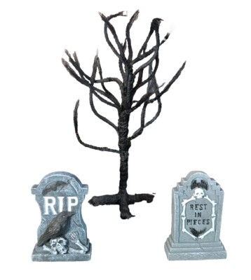 Ceramic Headstone RIP Skeleton Skulls Halloween Decor Graveyard Black Tree 