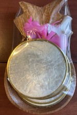 Vintage Capiz Set Of 4 White Shell Bar Coasters Gold Trim Wooden Caddy Gift Boho