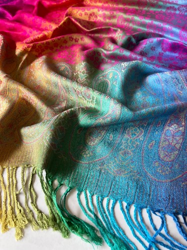 Large Multi Colour Leaf Paisley Print Pashmina Shawl Scarf Wrap Bright Rainbow - Picture 248 of 1,026