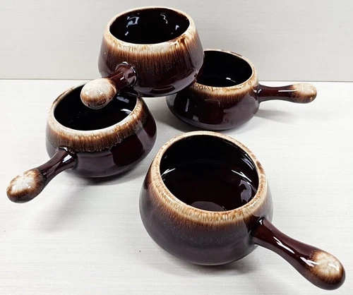 4 McCoy Brown Drip Open Onion Soup Handled Bowls Set Vintage Serving Dishes Lot