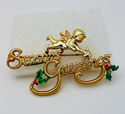 Signed DaneCraft 1980-90s Gold Tone Enamel Angel Seasons Greeting Christmas Pin