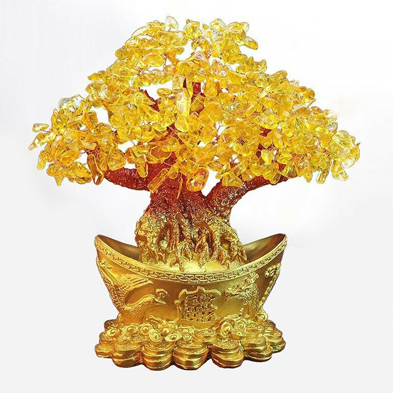 18cm Feng Shui Citrine Crystal Wealth Tree Fortune Lucky Money Home Decor Crafts