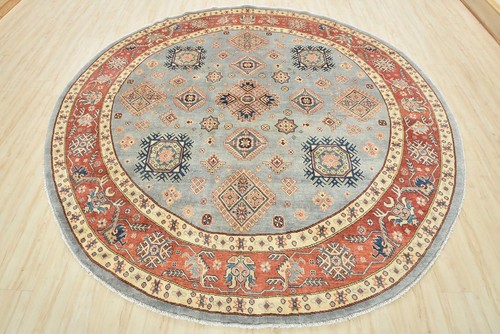 Kazak Rug 9'1'' x 9' Round Blue Wool Tribal Hand-Knotted Oriental Carpet - Picture 2 of 15
