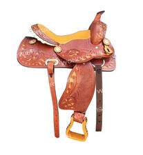 Yellow Crystal  Seat Western Leather Barrel Horse Saddle Set Size 10" -18"