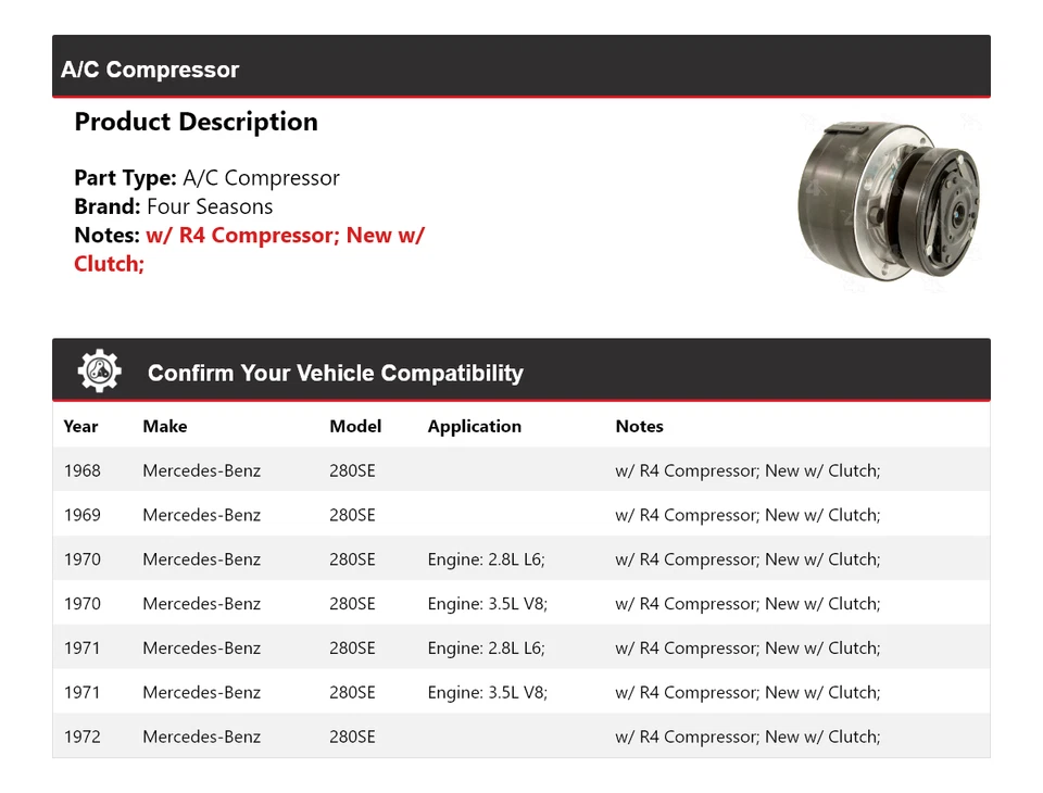 Compresor de aire acondicionado para Mercedes-Benz 280SE 1968-1972 4 estaciones 1969 1970 1971 Foto 2 de 4