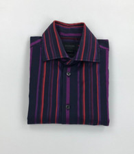 Men's Dark Navy Blue Striped Duchamp London Shirt 15.5" Tailored Fit Spread A/B