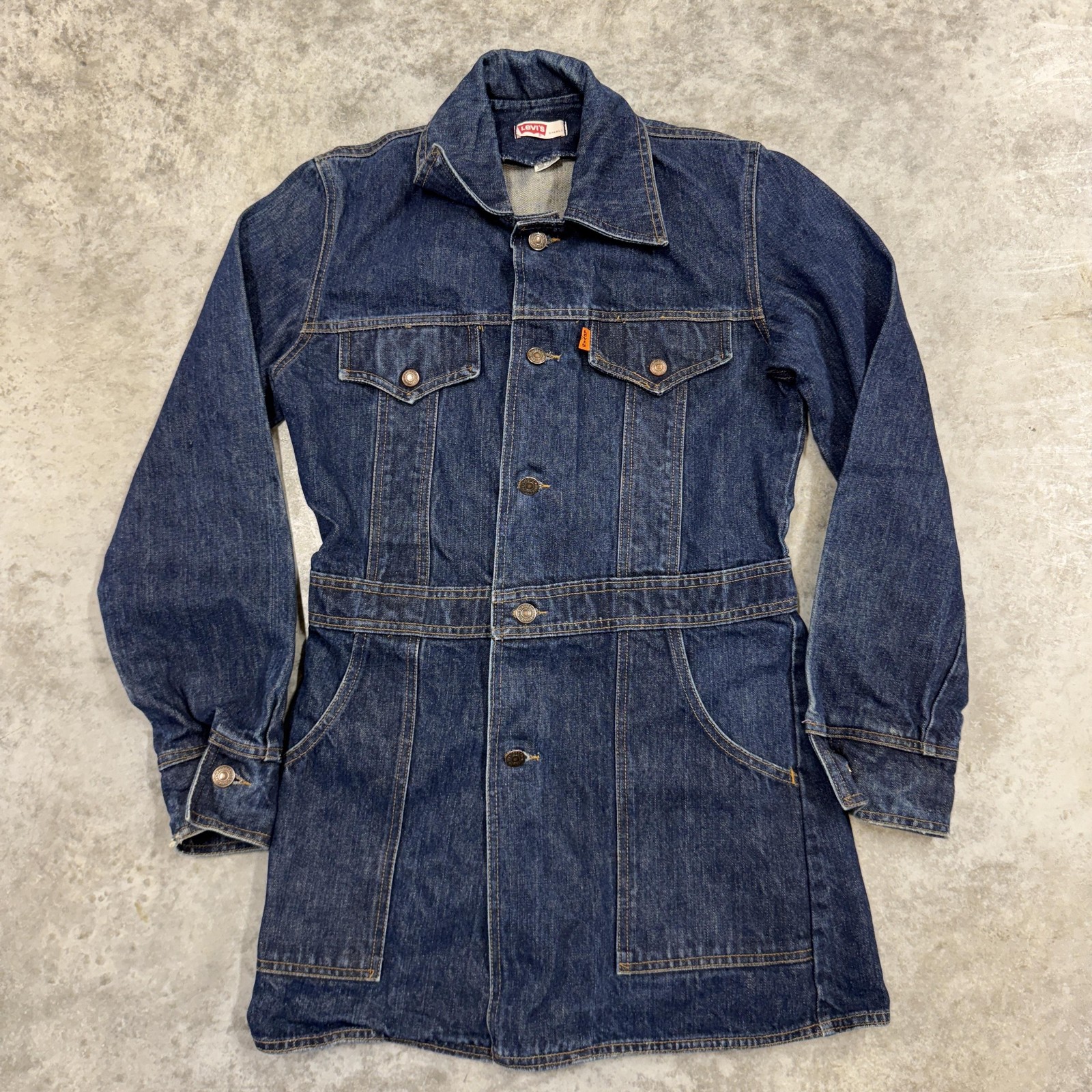 Vintage Levi's Denim Coat Womens Small Blue Long Duster Orange Tab 70s