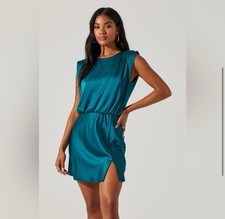 NEW ASTR the Label Strong Shoulder Satin Mini Dress Teal Small Shoulder Pads