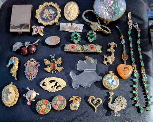 Antique Vintage Art Deco Estate Jewelry Lot Micro Mosaic Watch Locket Lucite