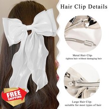 Large White Purple Bow Hair Clips for Women, Long Tail Ribbon