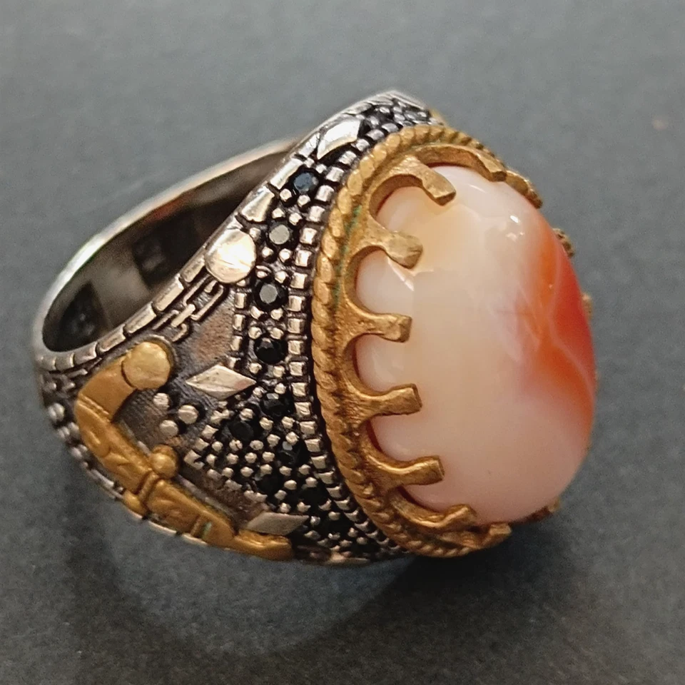 Men's Vintage Sterling Silver Ring Natural Agate Statement Detail Bronze 8.75 - Image 2 of 4