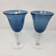 Artland Iris Slate Blue Water Goblet Hand Blown Bubble Glass Set of 2 Vintage