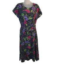 Lands’ End TShirt Tie Belt Dress Blue Floral Striped Cotton-blend Medium