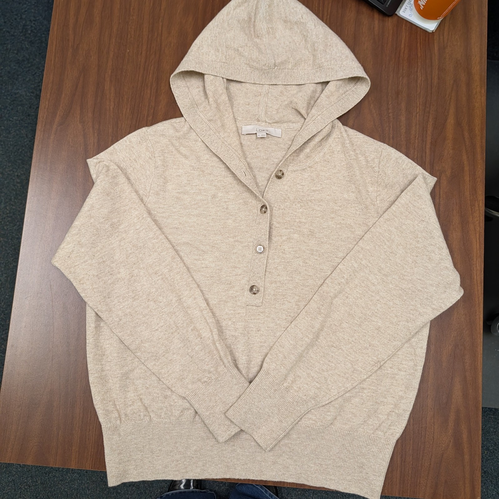 LOFT Hooded Button Front Pullover Knit Beige XL L… - image 1