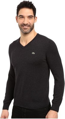 Lacoste Jersey Cotton Sweater Large V-Neck Knit Pullover Crocodile Logo Gray 5