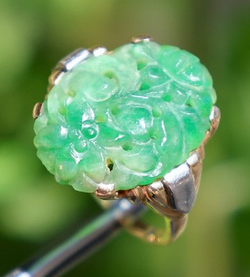 14K SOLID YELLOW GOLD DETAILED FLORAL CARVING NATURAL JADE CUSTOM VINTAGE RING