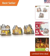 TOYANDONA 3 Pcs Christmas Village Sets - Wooden Christmas Village Houses LED Lig
