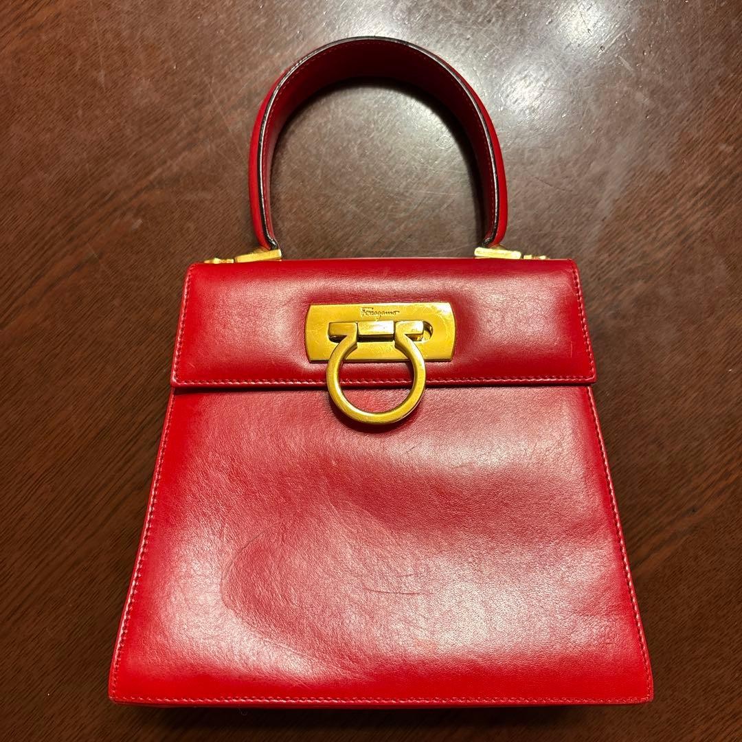 Salvatore Ferragamo Red Leather Handbag Shoulder Bag Gancini