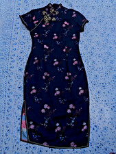Black Chinese Cheongsam dress long flowers small satin