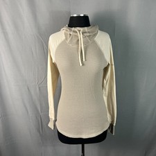 Columbia Hoodie Womens Small Beige Striped Waffle Knit Curved Hem Long Sleeve