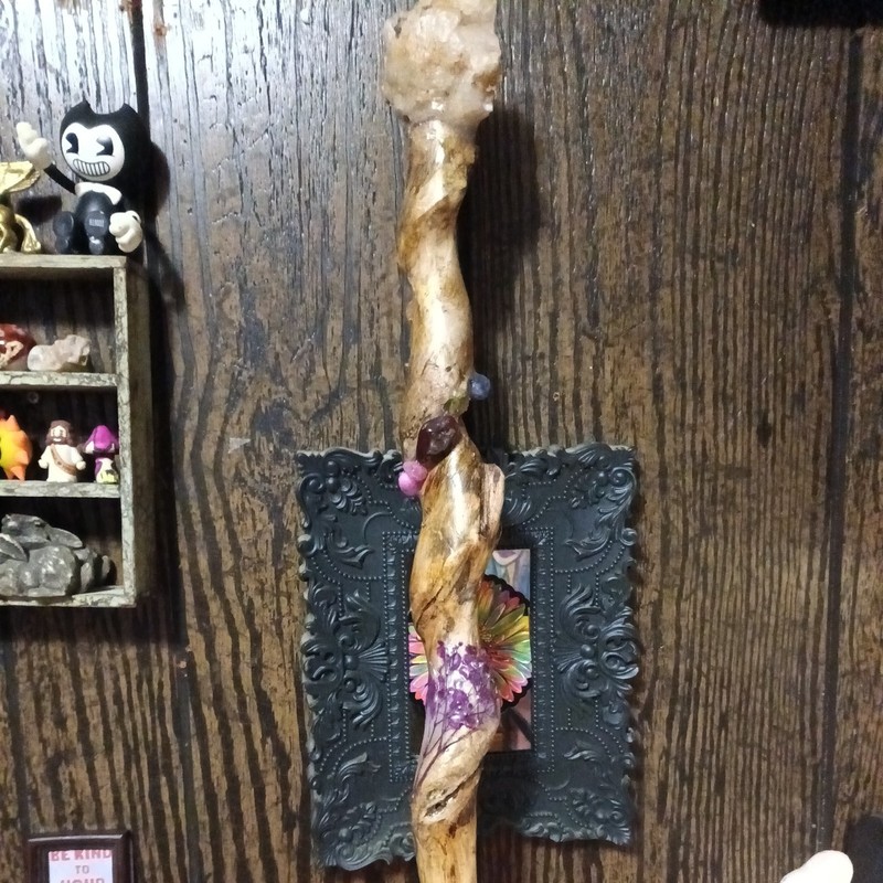 Walking Stick,Natural Wood, Treated Wood, Crystal Top, Stones on  Shaft,3 1/2 Ft