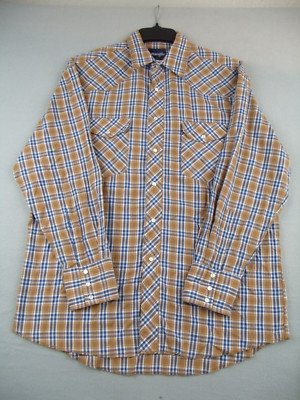 Wrangler Shirt Men 16.5 34 Brown Blue Plaid Western Rodeo Pearl Snap