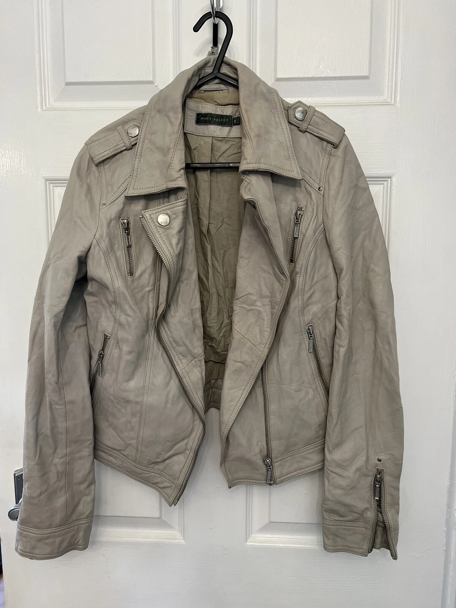 Mint Velvet Beige Cream Leather Biker Jacket Size 8