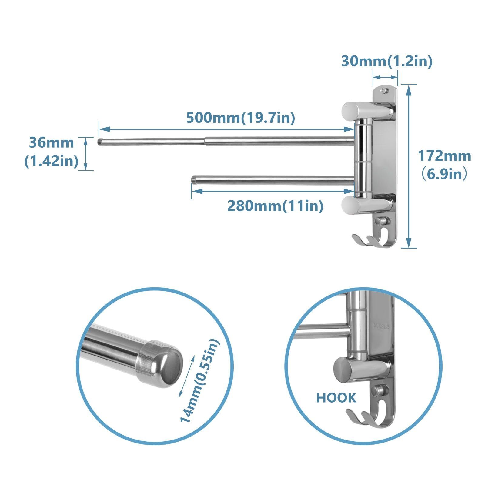 Bathroom Towel Holder Stainless Steel Wall Mounted Towel Bar, Swivel Towel Racks