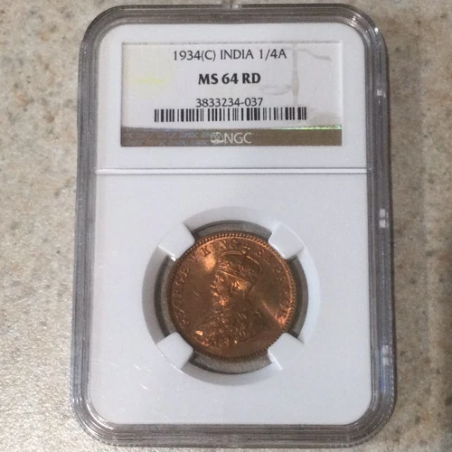 India-British George V Bronze 1934 (C) 1/4 Anna NGC MS64 RD “Gorgeous”