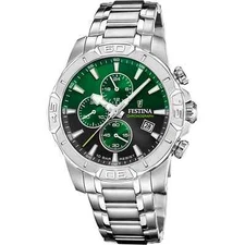 Festina F207045 Men Silver Steel Strap Green Chronograph Dial Watch 45 mm