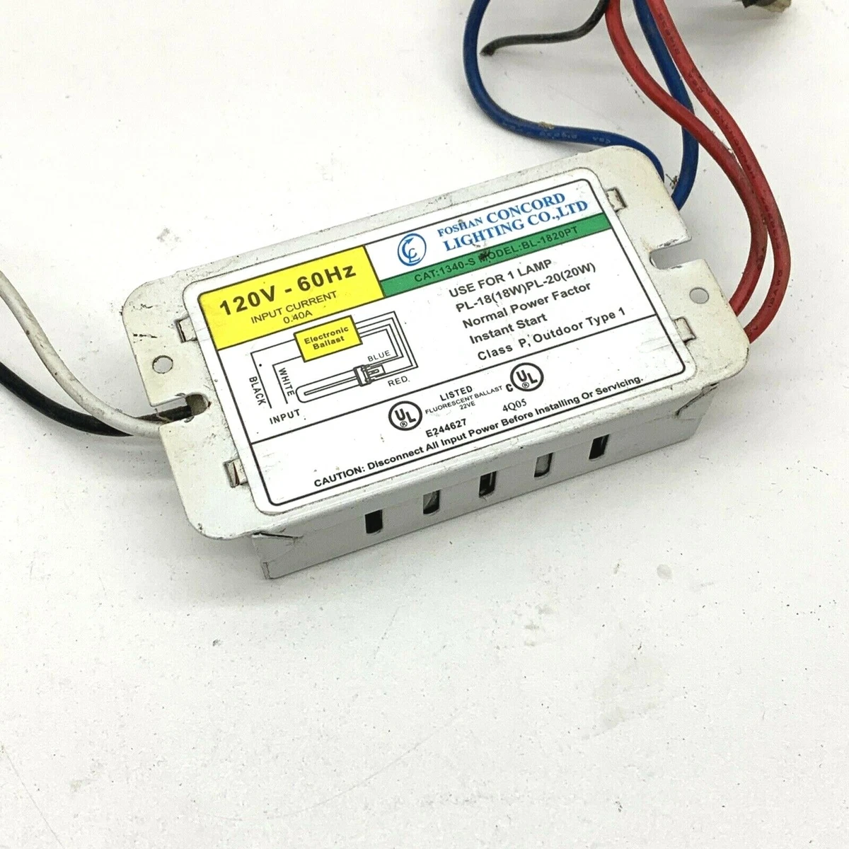 Concord BL 1820PT Fluorescent CFL Ballast for 1 Lamp PL 18W or