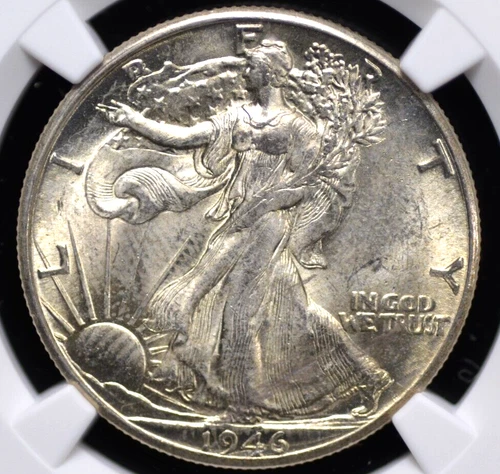 1946 D WALKING LIBERTY HALF DOLLAR NGC MS 62 SLIGHTLY GREYING SILVERY LUSTER