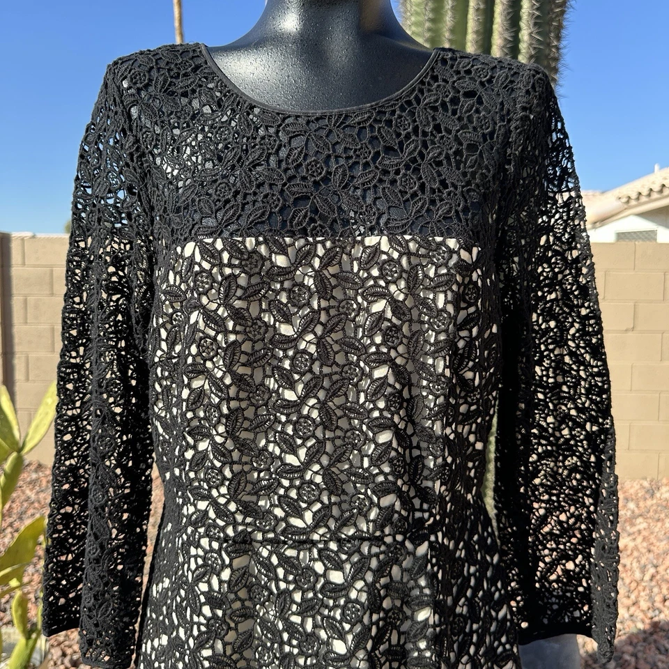 J Crew Collection BLACK LABEL Black Lace  Sheath Dress Size 12 Lined Bodice - Image 3 of 4