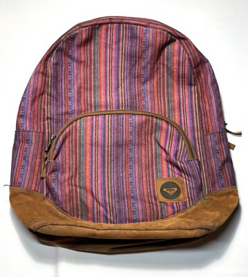 Vintage Roxy Pink and Purple Striped Backpack w/ Suede Bottom and Finishings