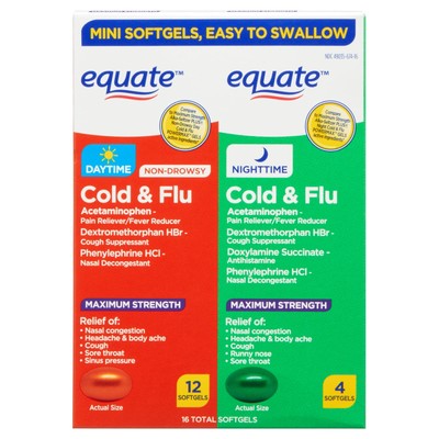 Equate Maximum Strength Day and Night Cold and Flu Softgels, 16 Count