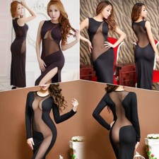 Sexy Womens Black Mesh See-through Sheer Night Party Long Dress Clubwear Vestido