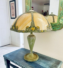 Antique RAINAUD Art Nouveau Slag Glass 7 Panel Pull Chain Table Lamp 23" x 18"