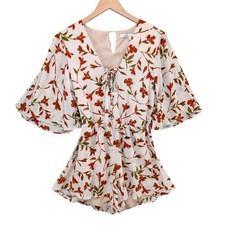 Lovers Friends Epiphany Romper Womens Cream Red Floral V Neck Split Sleeve Sz XS