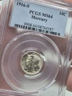 Beautiful 1916-S Mercury dime, Toned Reverse White Obverse Vintage PCGS MS64