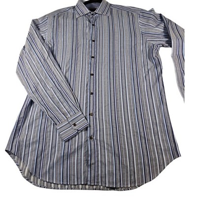 Etro Milano Mens Blue Grey Striped Cotton Button Down Shirt Made in Italy Sz. 44