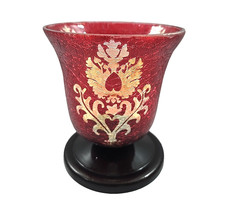 Red Crackle Glass Hurricane Candle Holder Clear Floral Stencil Footed Vintage