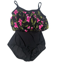 Vintage Maxine of Hollywood Swimsuit Womens 14 One Piece Ruched Floral USA Made