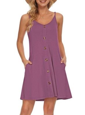 Damen Sommerkleid Träger Spaghetti geknöpft V-Ausschnitt lässig Strand Kleid