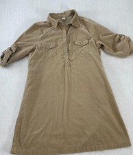 Old Navy Shirt Dress Womens L Tan Corduroy 3/4 Roll Tab Sleeve Pocket Buttons