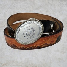 Vintage Western Tooled Leather Belt Sunburst Landscape Silver Tone Buckle USA