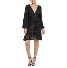 Eliza J Sequined Dress Women's 10 Black Faux Wrap Balloon Sleeves V Neck NWT
