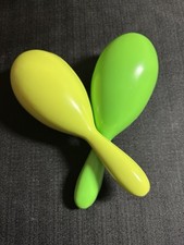 Vintage Green Yellow Plastic Maracas Pair, Percussion Instrument, Retro Decor